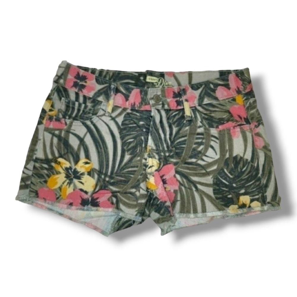 Old Navy Green And Pink The Deva Denim Tropical Floral Printed Shorts - Size 0